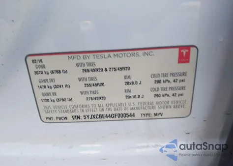 2016 Tesla Model X 75D/P100D/P90D z USA, uszkodzony, nr VIN 5YJXCBE44GF000544